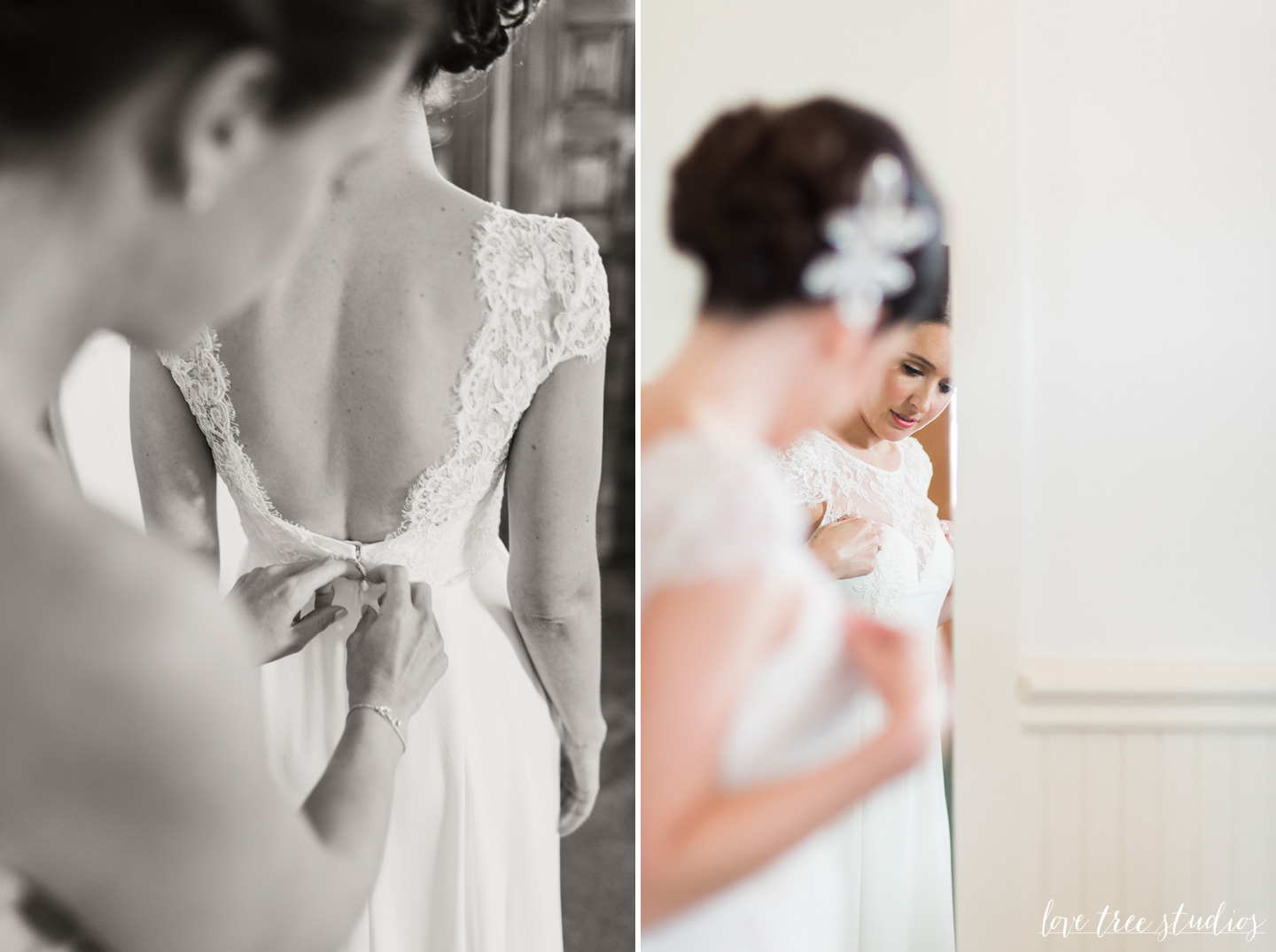 bride putting on wedding dress