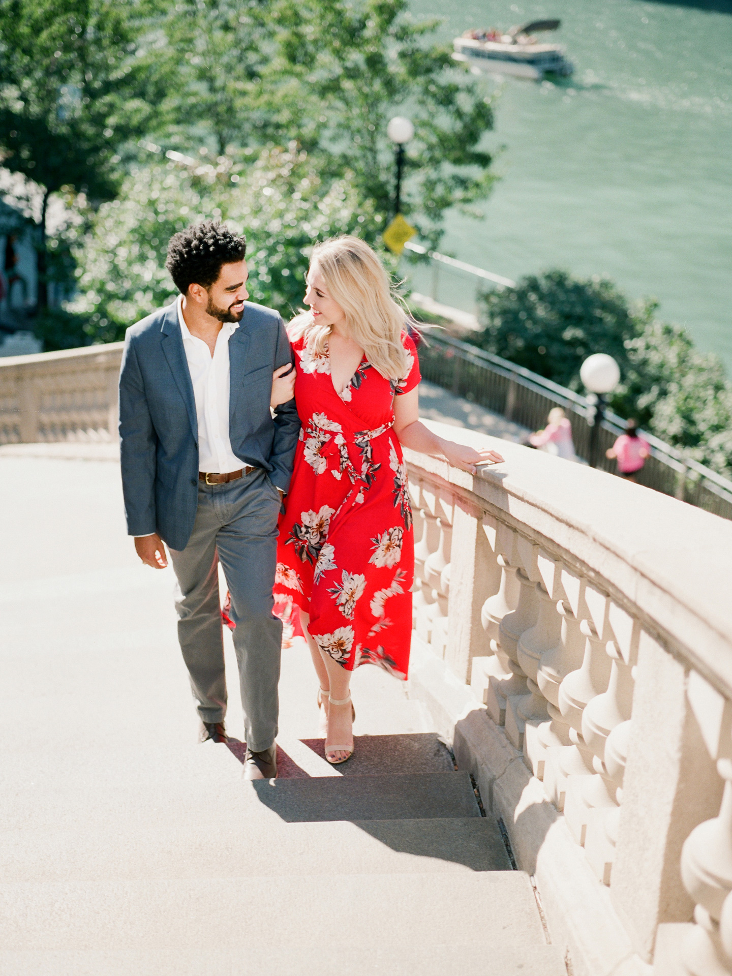 Chicago engagement session as couple strolls along the beautiful city