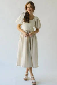 The Dunton Puff Sleeve Midi Dress in Ivory by Piper and Scoot is what to wear for your maternity session.