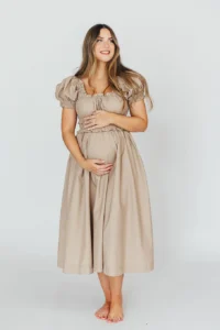 Raquel Cotton-Poplin Midi Dress in Dark Natural by Worth Collective is what to wear for your maternity session.