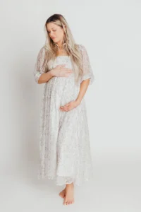 A great idea of what to wear for your maternity session is this Mona Maxi Dress with Smocking in Grey Floral by Worth Collective.