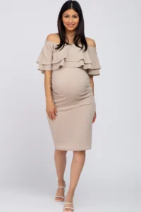 For what to wear for your maternity session consider this Beige Ruffle Off Shoulder Ruched Maternity Dress by Pink Blush.