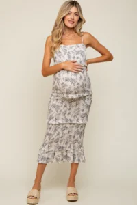 Pinkblush Cream Floral Smocked Fitted Maternity Midi Dress is a great option for what to wear for your maternity session.