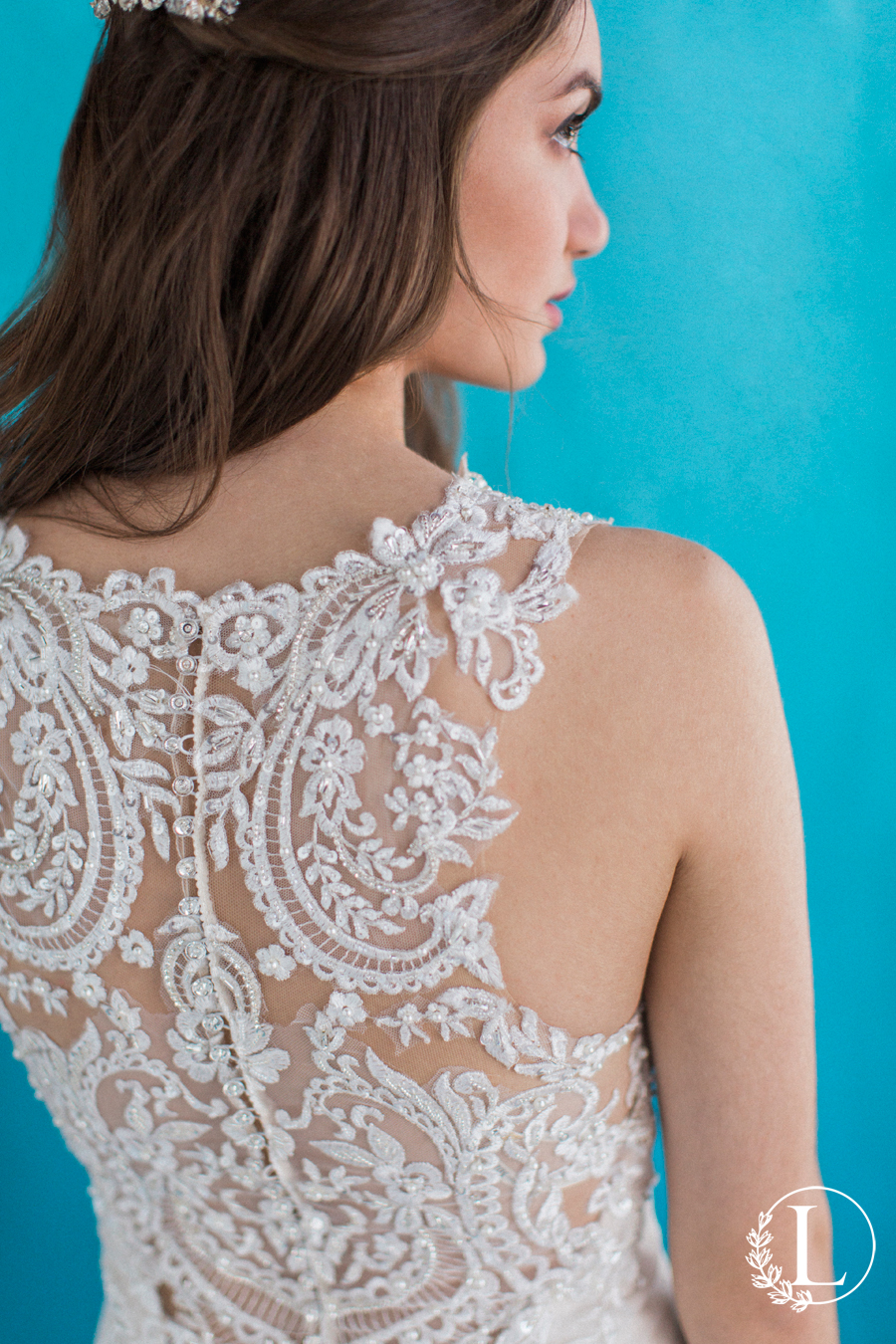 back portrait of bridal gown, rae by sottero and midgley, fine art wedding photographer, film wedding photographer, missouri bridal portrait, missouri wedding photographer, sottero and midgley, blue wall and white wedding dress, couture wedding portrait