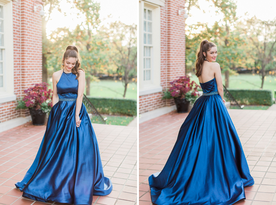 blue sherri hill dress, 51036, st. louis senior photographer, high school senior portrait, missouri senior photogapher, blue satin, breeze bridal boutique