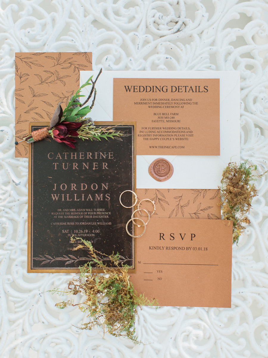 The Ink Cafe creates a fall wedding suite on copper plates for a wedding at Blue Bell Farm in Missouri photographed by Love Tree Studios.