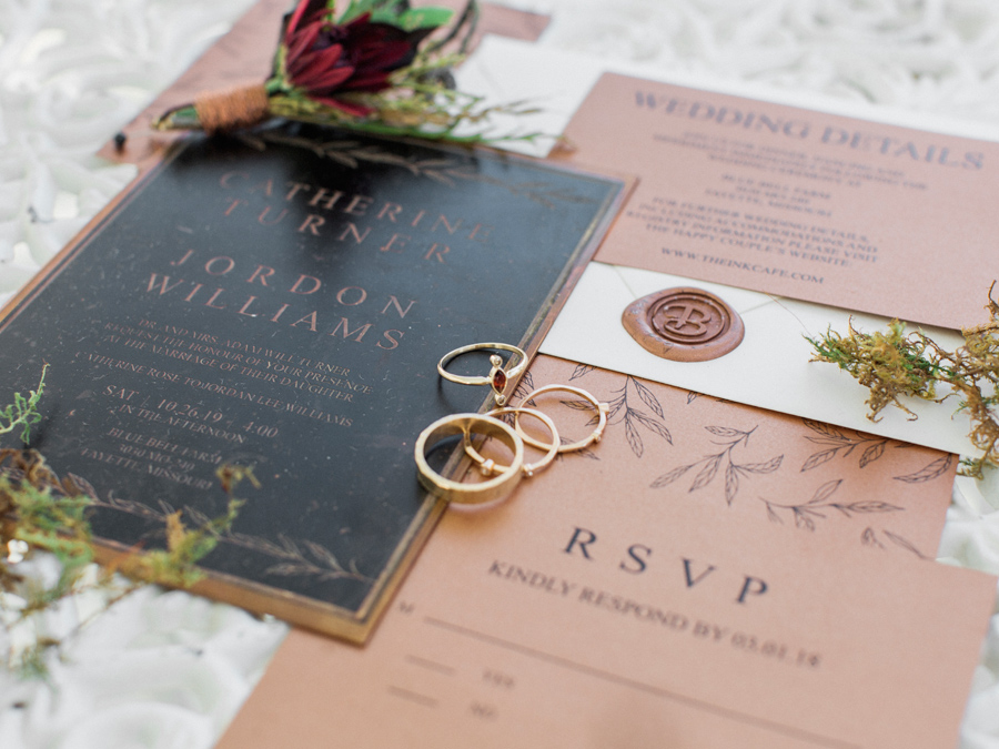 The Ink Cafe creates a fall wedding suite on copper plates for a wedding at Blue Bell Farm in Missouri photographed by Love Tree Studios.