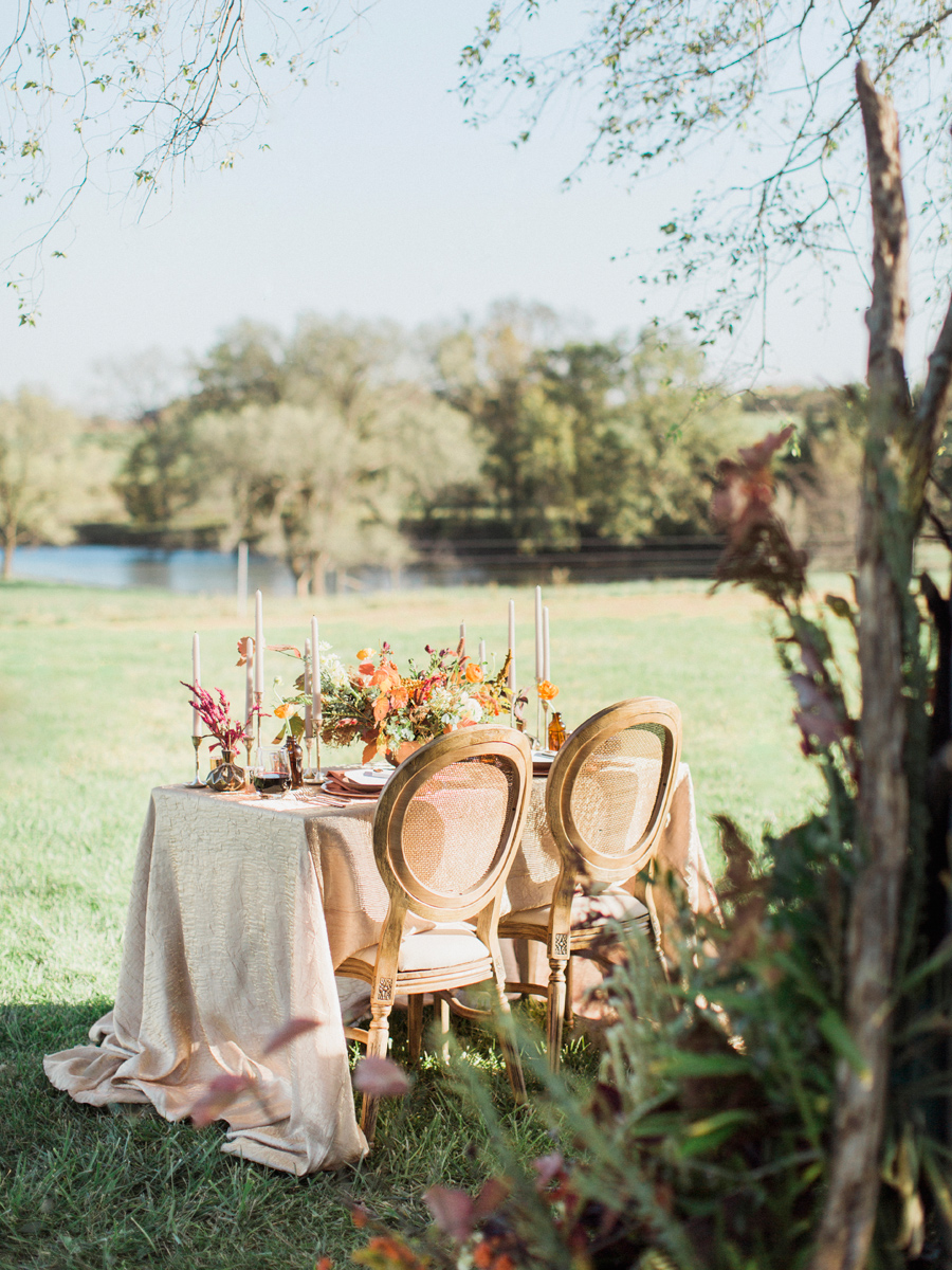 Fine art film wedding photographer captures the beautiful setting of a wedding at Blue Bell Farm in Columbia, Missouri.