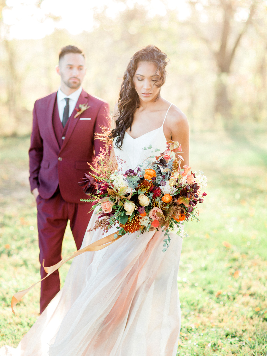 Sugarberry blooms creates a fall wedding bouquet photographed by Love Tree Studios at Blue Bell Farm in Columbia, MO.