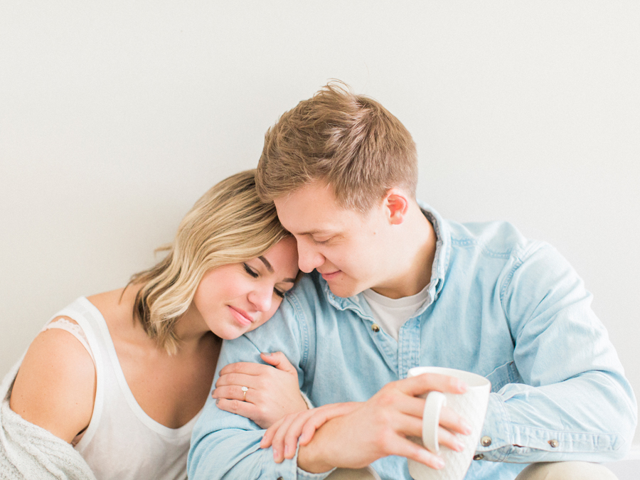 An intimate in-home engagement session in the home by film photographer Love Tree Studios.