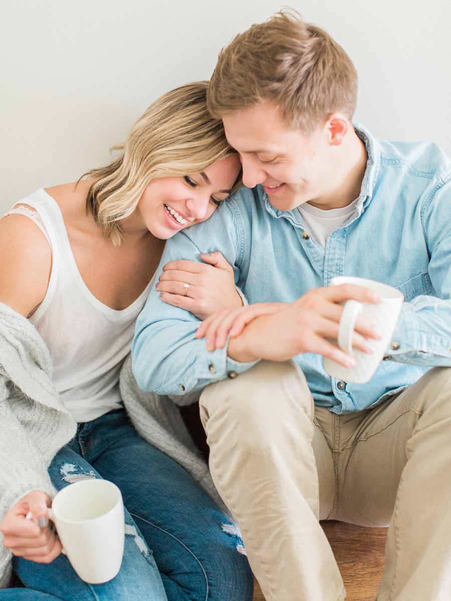 An intimate in-home engagement session in the home by film photographer Love Tree Studios.