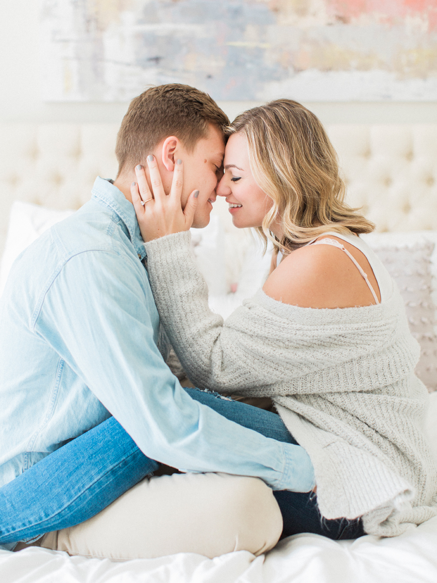 An intimate in-home engagement session by film photographer Love Tree Studios.