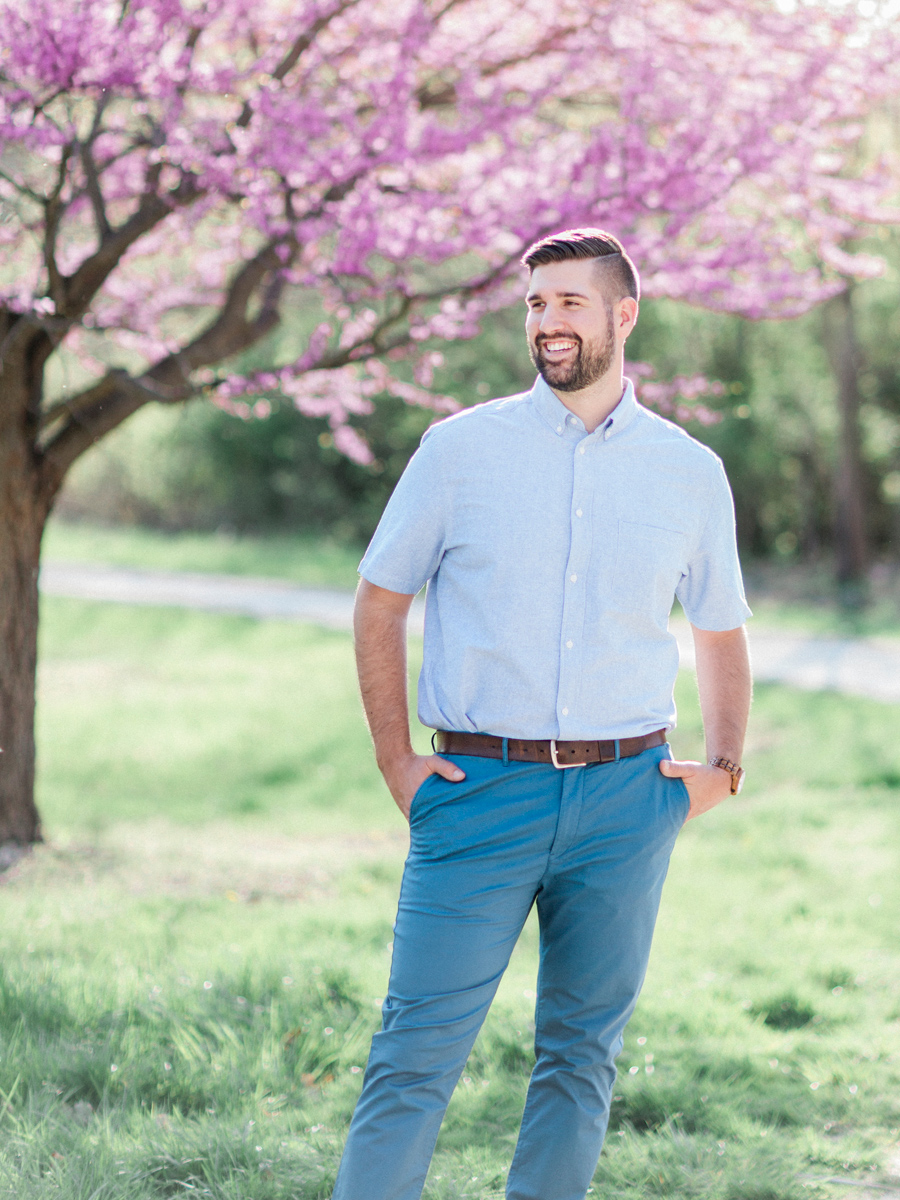 A portrait of the groom during his Capen Park engagement session by wedding photographer Love Tree Studios.