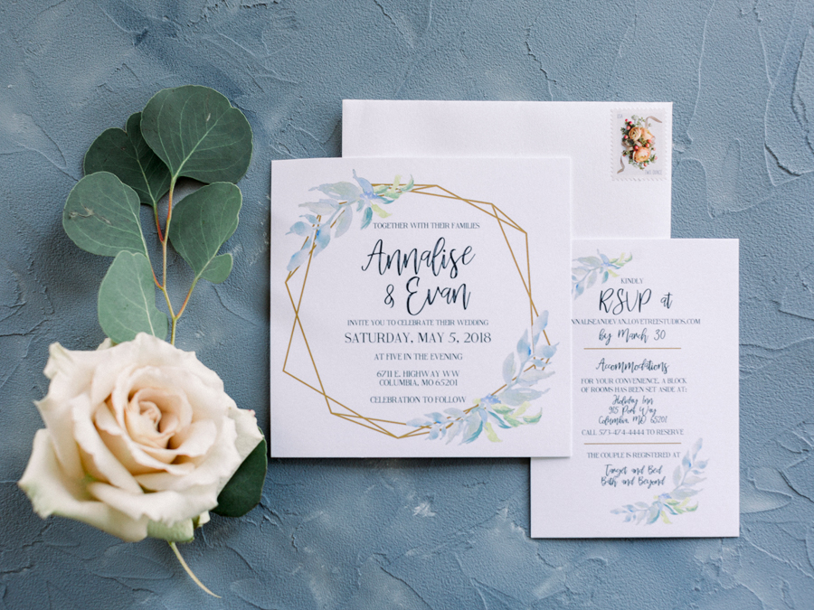 A wedding invitation suite by The Ink Cafe at a Columbia Missouri wedding by Love Tree Studios.