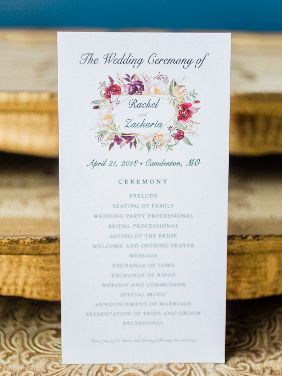 The program for the ceremony at The Exchange Venue photographed by Love Tree Studios for a Camdenton Missouri wedding.