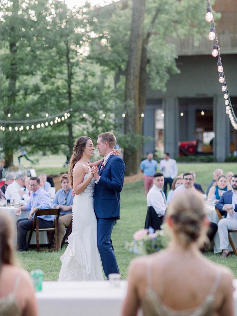 A bride and groom perform the first dance at their wedding in Blackwater, Missouri.