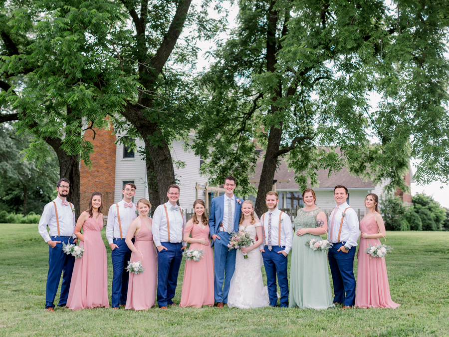 A portrait of the wedding party at a Blue Bell Farm wedding by Love Tree Studios.