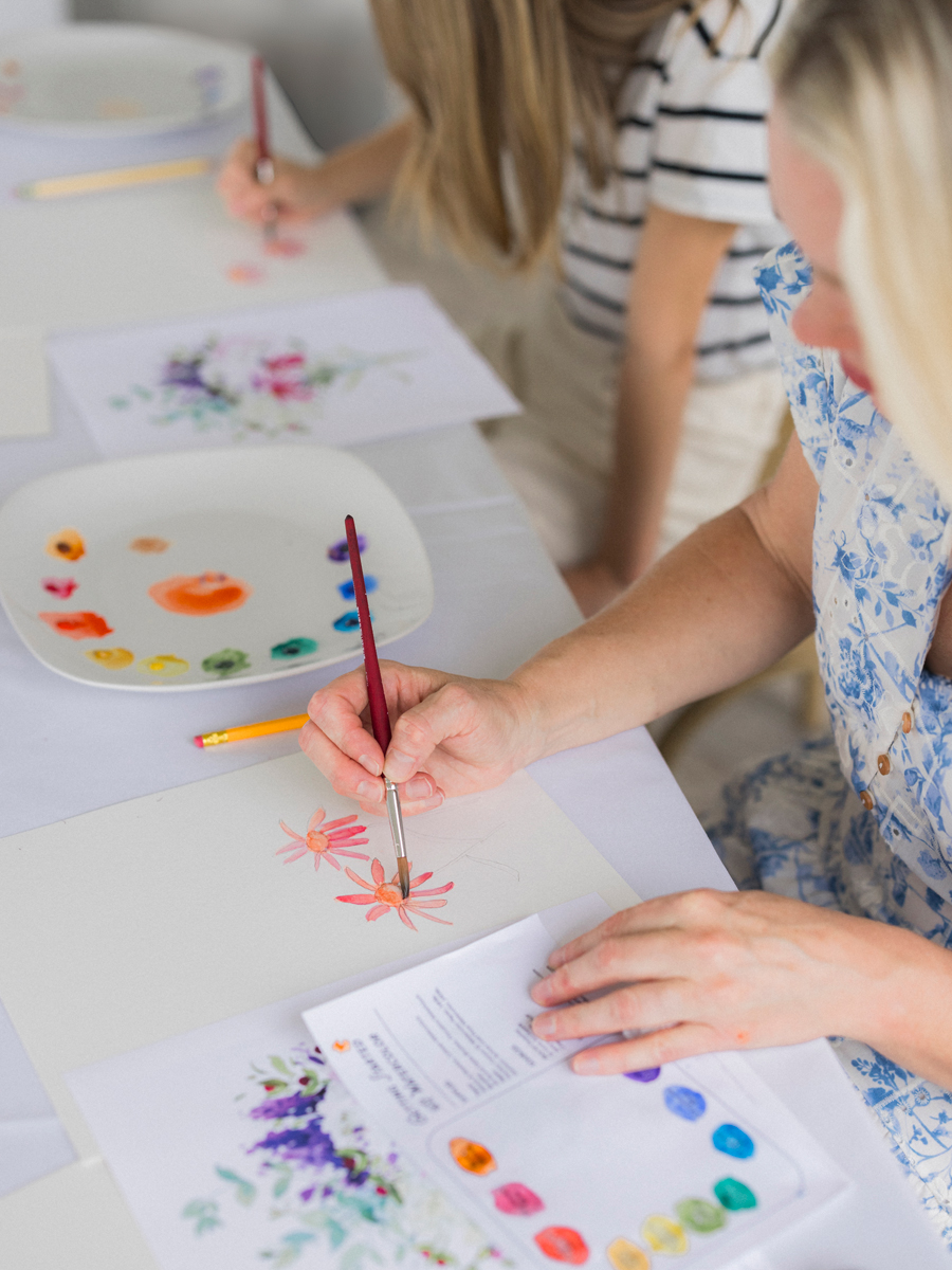 Close-up of an attendee’s watercolor painting in progress, highlighting the creative spirit of the Blue Bell Farm paint and picnic event.