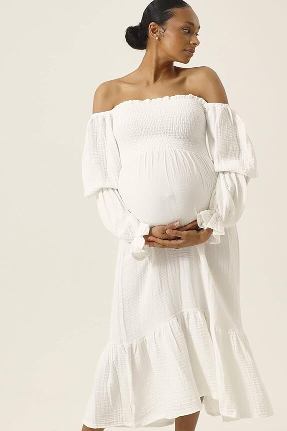 This NOTHING FITS BUT Women’s Baby Shower Dress, Nursing Cotton Yuki Dress, Muslin Maternity Gown for Photoshoot is perfect for what to wear for your maternity session.