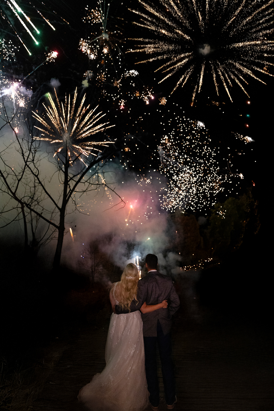 Fireworks light up the sky at the end of a chic Western Missouri wedding at Alpine Park and Gardens, photographed by Love Tree Studios