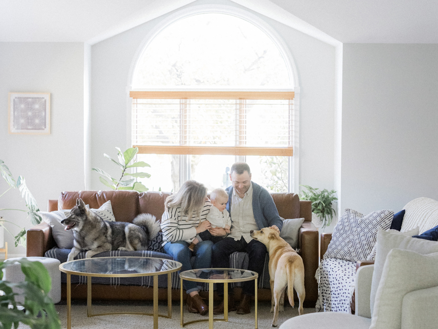 Relaxed in-home family session with pets, captured by Love Tree Studios in Columbia, MO.