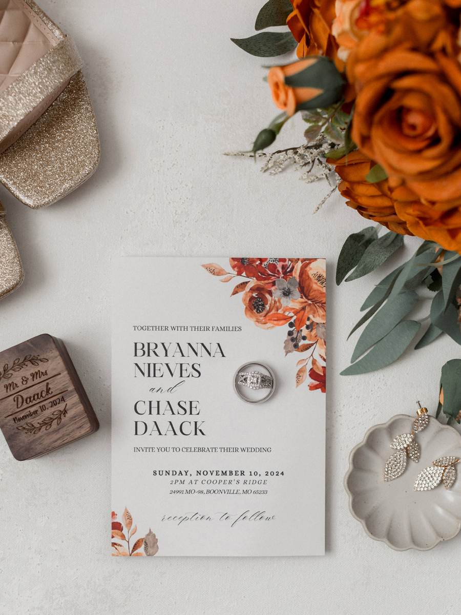 Beautiful gold and burnt orange wedding stationery at Cooper's Ridge Wedding Venue, captured by Love Tree Studios.