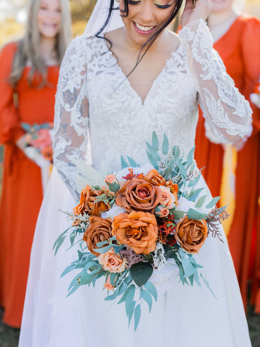 Autumn-inspired floral arrangements at Cooper's Ridge Wedding Venue, photographed by Love Tree Studios.