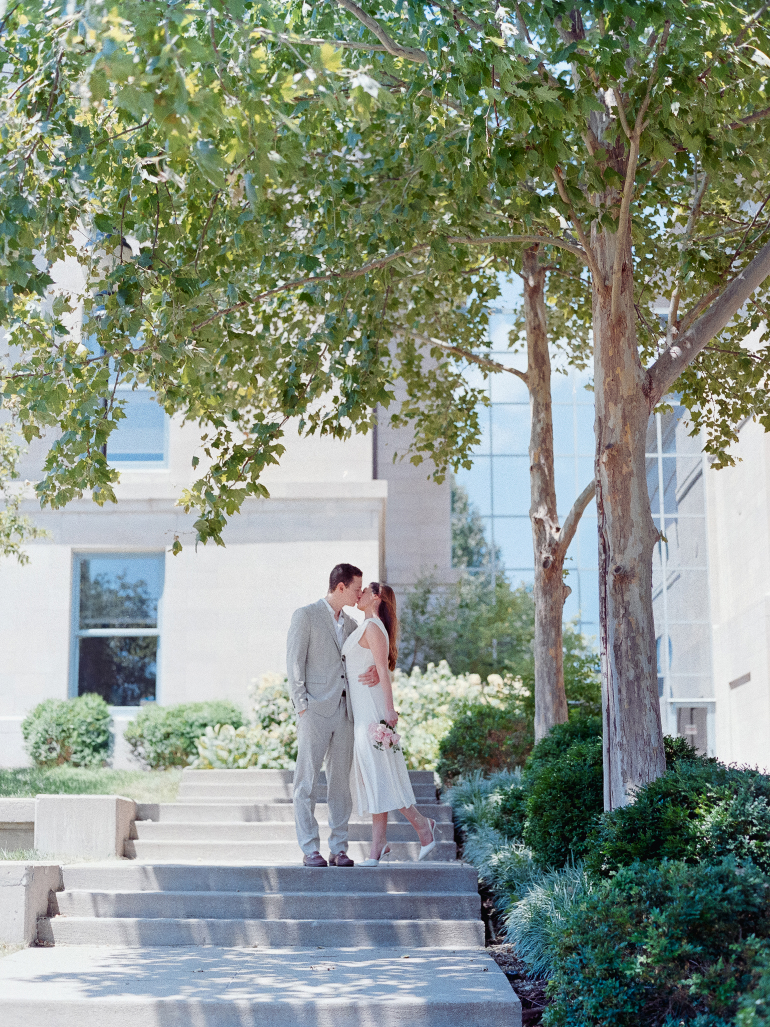Romantic film photo of Arthur and Madison kissing on the courthouse steps beneath a tree – courthouse wedding in Columbia Missouri by Love Tree Studios.