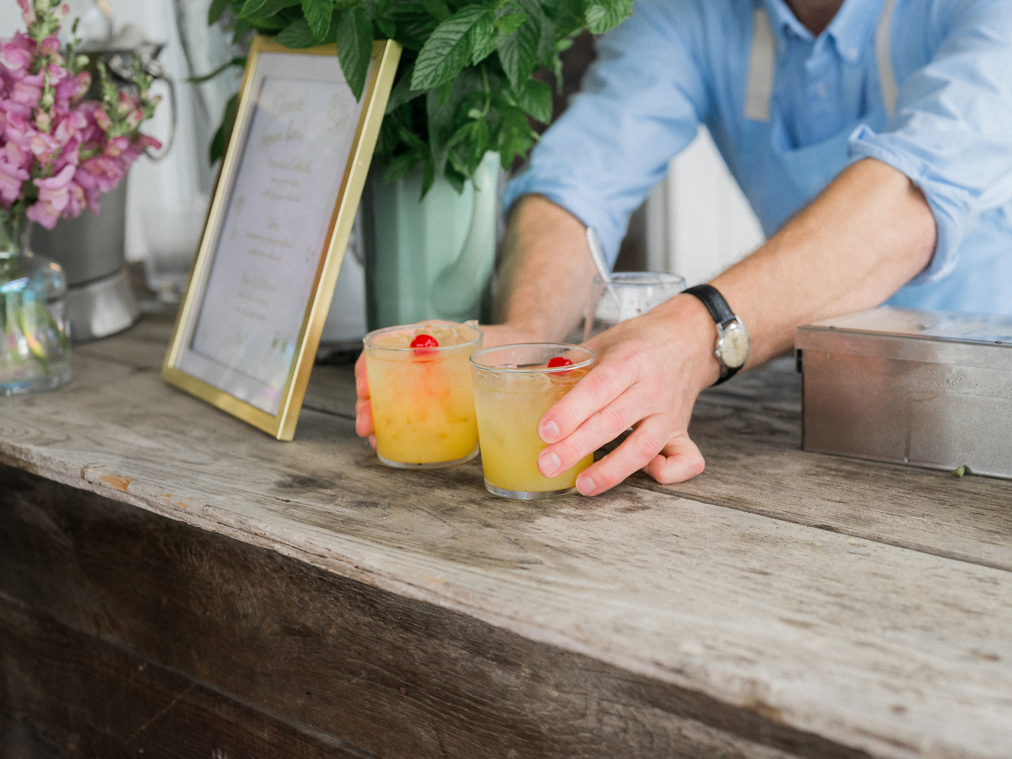 Handcrafted drinks added a colorful and personal touch to this Blue Bell Farm wedding celebration.