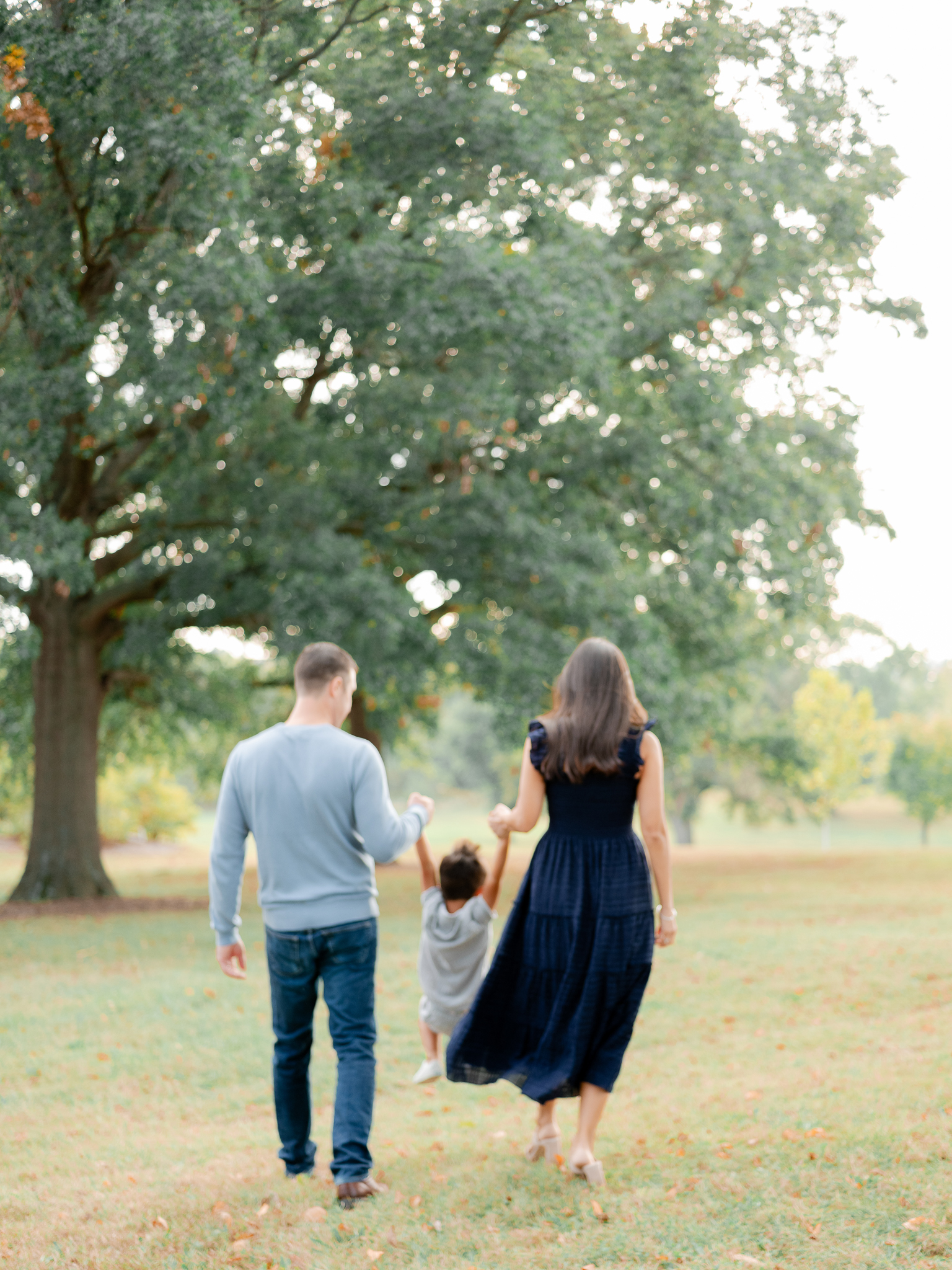 Family walking hand-in-hand in a sun-drenched field during their fall family photography session.