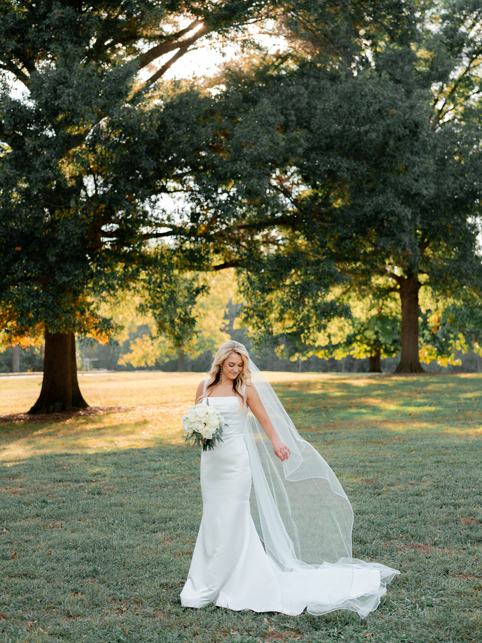 Bride standing beneath towering oak trees with cathedral veil flowing during fall wedding portraits in Columbia, Missouri.