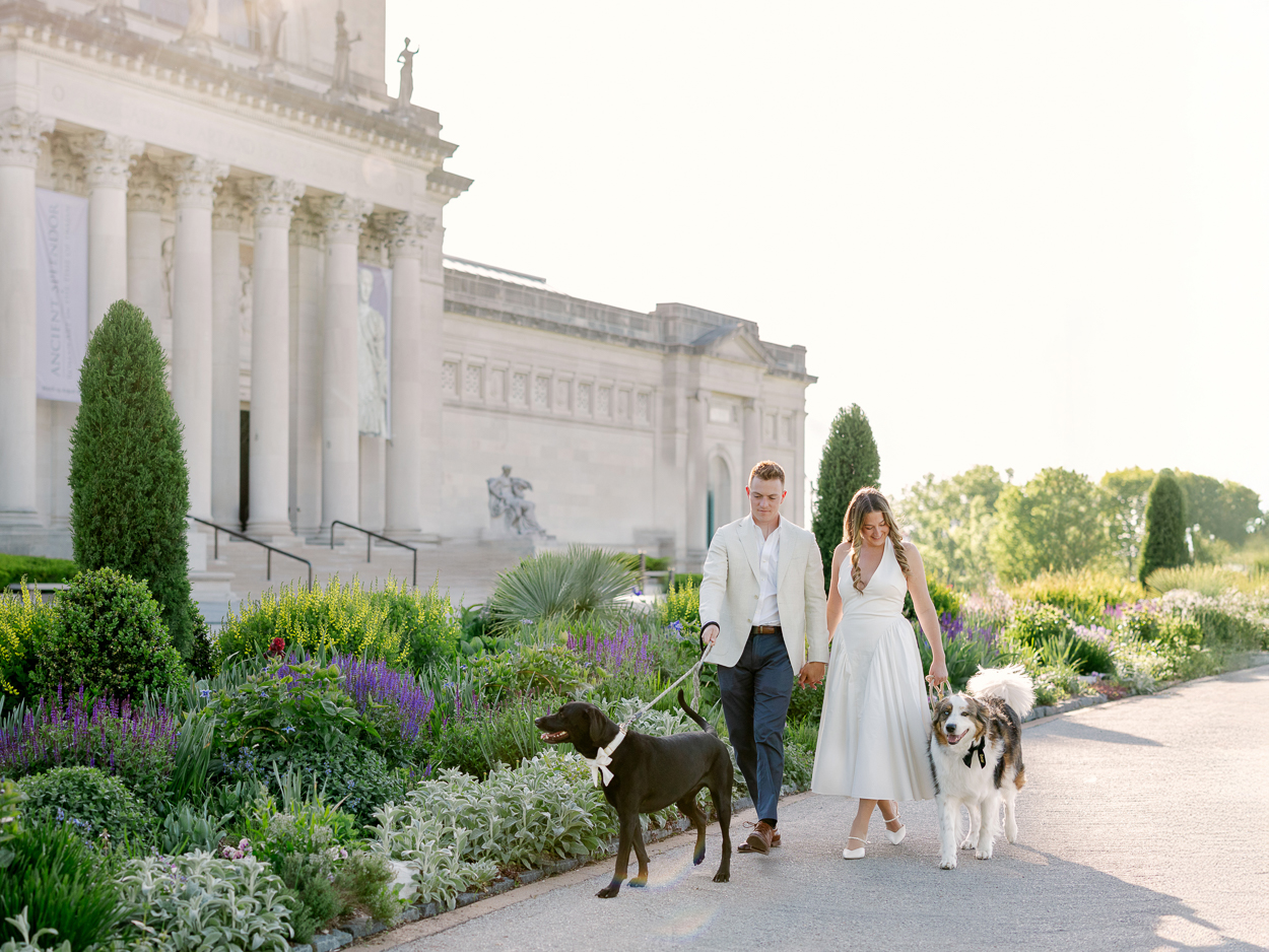 St. Louis engagement photographer captures couple walking their two dogs Bear and Luna along the garden path in front of the Saint Louis Art Museum at Art Hill in Forest Park at golden hour.